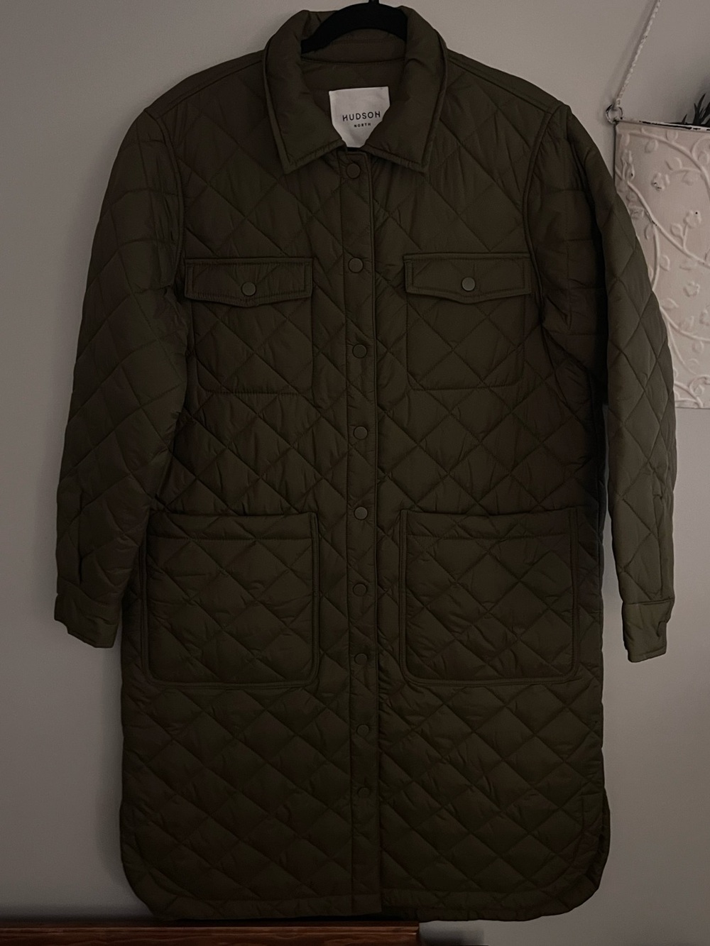 HUDSON NORTH Oversized small Quilted Long Jacket Coat in olive green